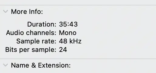 Screenshot of MacOS "Get Info" dialog specifying audio duration, channels, sample rate, and bits per sample