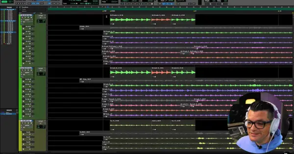 Natural Vocal Production, Chapter 3 featured image screenshot: Pro Tools edit window showing multi-colored playlist lanes. Producer Dana Nielsen smiles in a circular overlay bottom-right of screen.