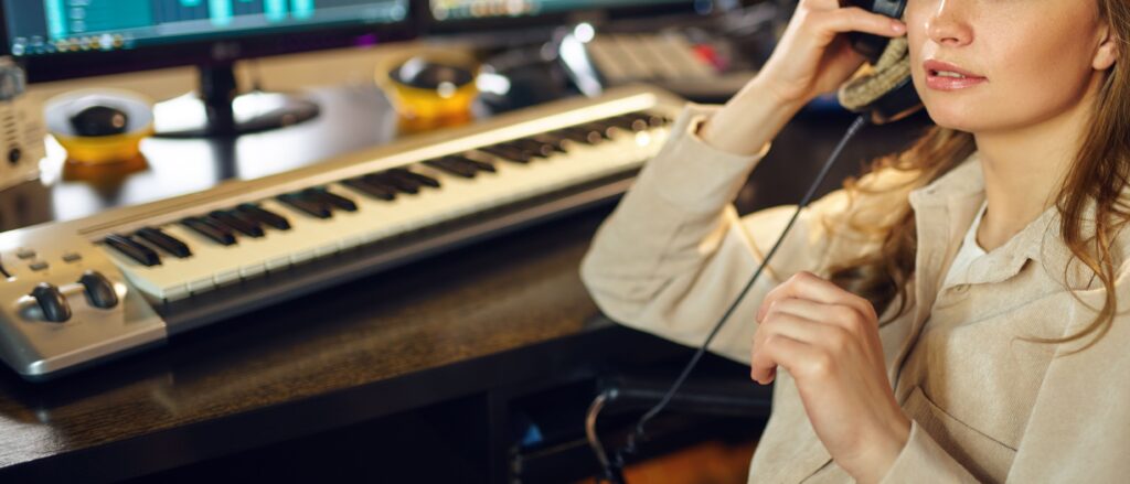 Woman wearing headphones in home studio
