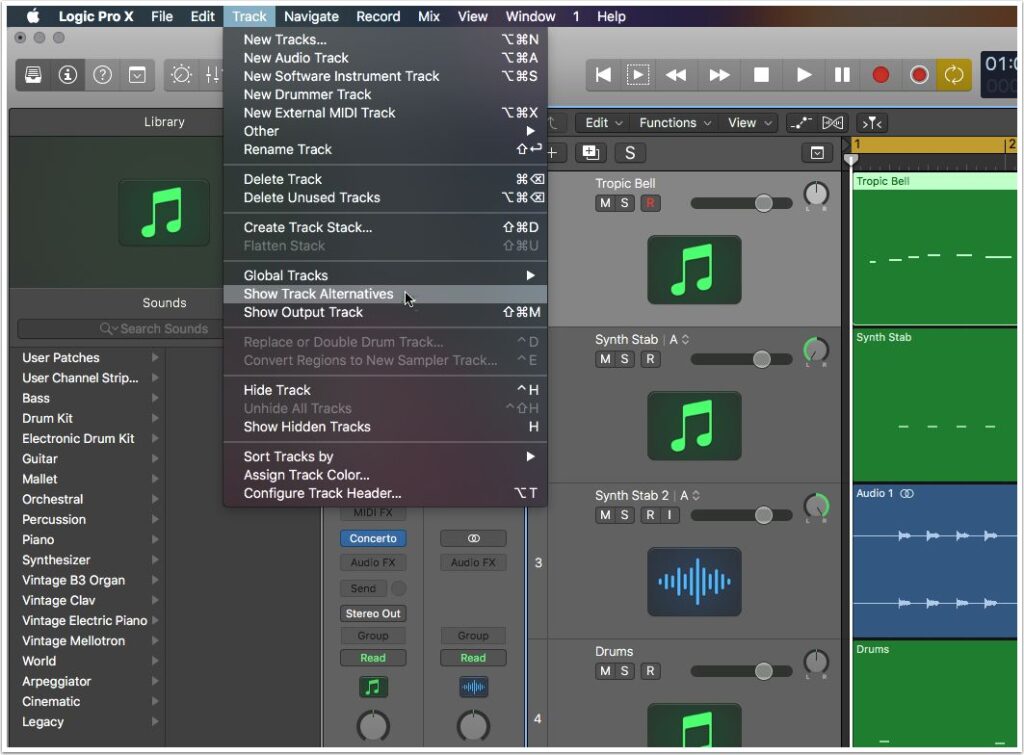 Menu items and track icons displayed in Apple's Logic Pro software
