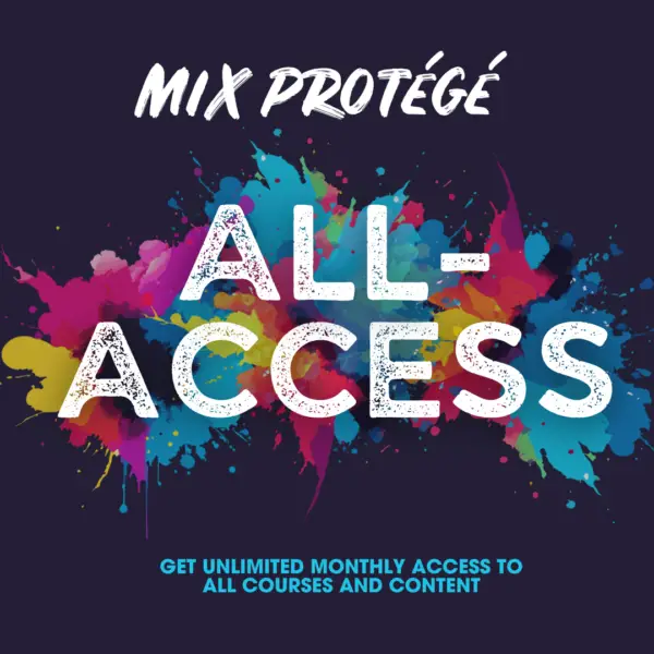 Product image for Mix Protégé All-Access monthly bundle featuring white and blue text on a dark blue background with colorful paint splatters.