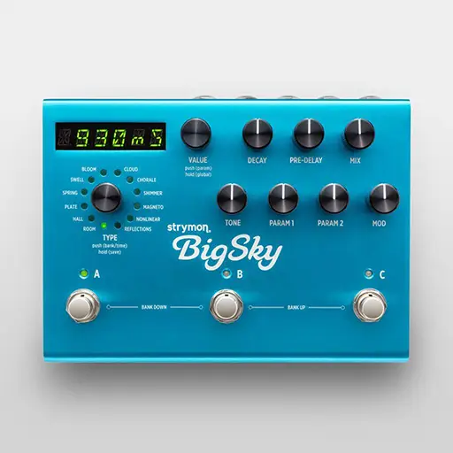 Overhead view of Strymon BigSky reverb effects pedal, blue pedal with black knobs and silver buttons on a white background
