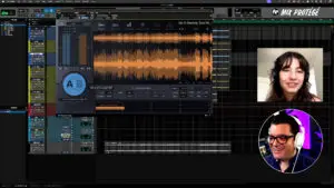 Pro Tools edit window and Adaptr Metric AB plug-in; PiP of Cammy Kurtzman and Dana Nielsen discussing reference tracks for vocal mixing