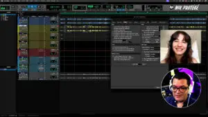 Pro Tools edit window and preferences window; PiP of Cammy Kurtzman and Dana Nielsen discussing clip gain for vocal mixing