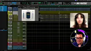 Pro Tools edit window and Waves R-Vox compressor; PiP of Cammy Kurtzman and Dana Nielsen discussing compression for vocal mixing