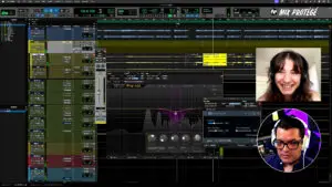 Pro Tools edit window and FabFilter Pro-MB compressor; PiP of Cammy Kurtzman and Dana Nielsen discussing EQ and effects for vocal mixing