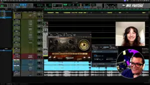 Pro Tools edit window and Waves Maserati GRP plug-in; PiP of Cammy Kurtzman and Dana Nielsen discussing effects for vocal mixing