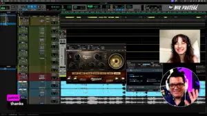 Pro Tools edit window and Waves Maserati GRP plug-in; PiP of Cammy Kurtzman and Dana Nielsen discussing effects for vocal mixing