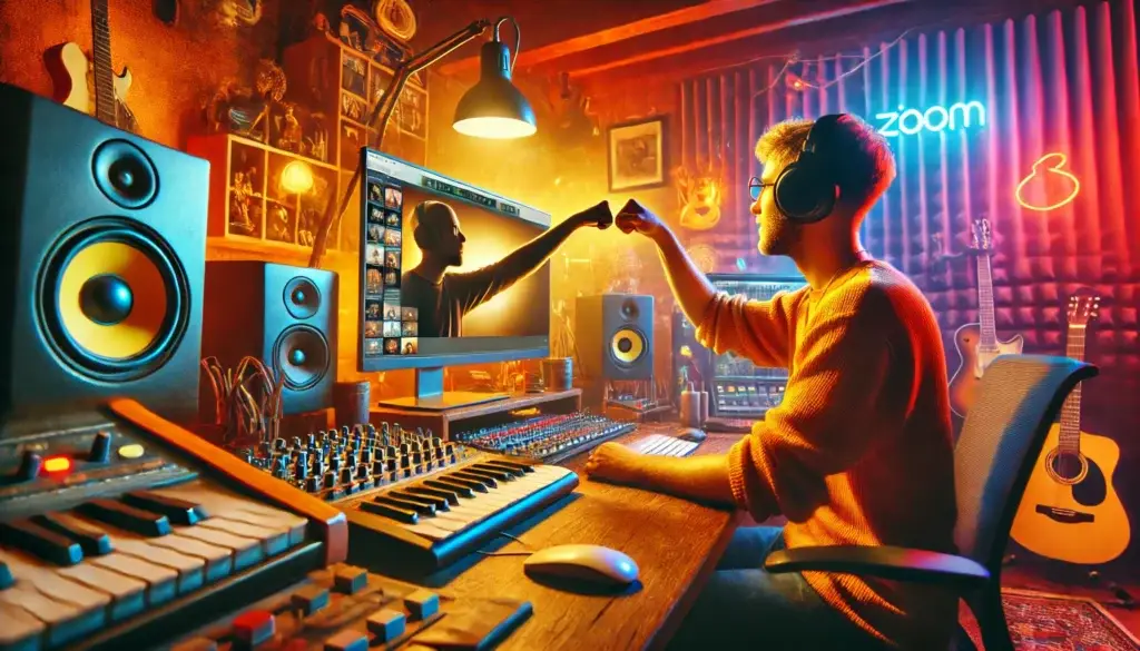 A vibrant music producer's studio filled with instruments and recording equipment. A male producer, smiling and wearing headphones, is seated at his workstation, joyfully engaging in a celebratory 'fist bump' with a male arm emerging dynamically from a computer screen during a Zoom call, symbolizing connection and collaboration