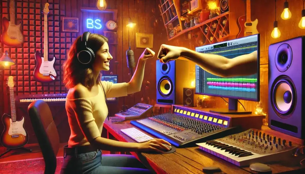 A vibrant music producer's studio filled with instruments and recording equipment. A female producer, smiling and wearing headphones, is seated at her workstation, joyfully engaging in a celebratory 'fist bump' with a male arm emerging dynamically from a computer screen during a Zoom call, symbolizing connection and collaboration