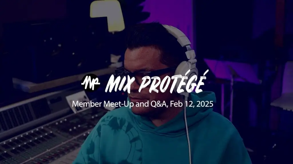 A white and black Mix Protégé text logo, centered, overlaid upon a darkened image of mixer-producer, Dana Nielsen, whose face is obscured by the logo. Dana wears white studio headphones, a bright teal hoodie, and is in his studio with a purple background.