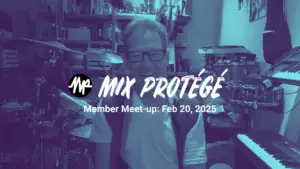 A white and black Mix Protégé text logo, centered, overlaid upon a teal-monochrome image of drummer and Mix Protege member, James Snodgrass, who is smiling in front of his drum kit.