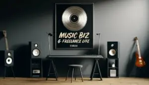 A professional home studio with a framed platinum record award displaying the text ‘Music Biz & Freelance Life,’ representing achievement in the music business. The clean, modern design features dark tones with subtle gold and blue highlights, creating a