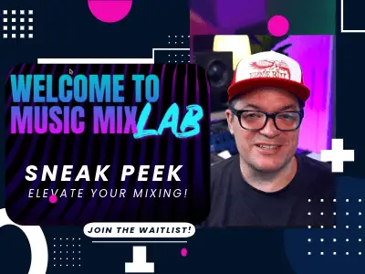 Sill image of Dana Nielsen speaking to camera with blue and pink graphics and text, "Welcome to Music MixLAB, Sneak Peek, Join The Waitlist"