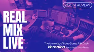 Live-stream promo image showing an audio engineer at a mixing console with multiple screens in a recording studio; large text reads ‘REAL MIX LIVE.’