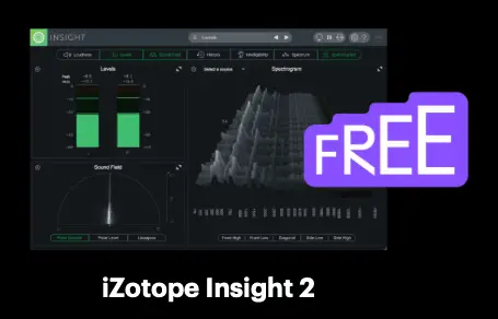Promotional graphic showing the iZotope Insight 2 audio analysis plugin interface with meters, spectrum display, and a purple ‘FREE’ badge.