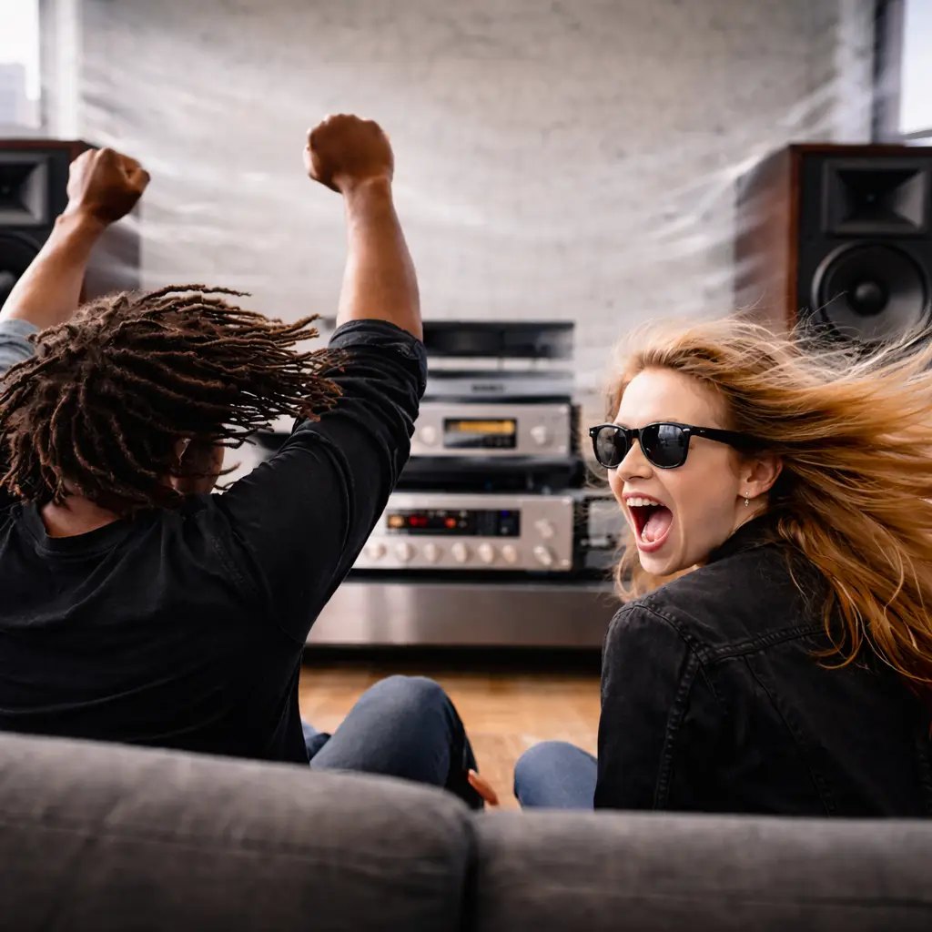 Two people cheering on a couch in front of a hi-fi stereo and speakers after passing The Volume-Knob Test