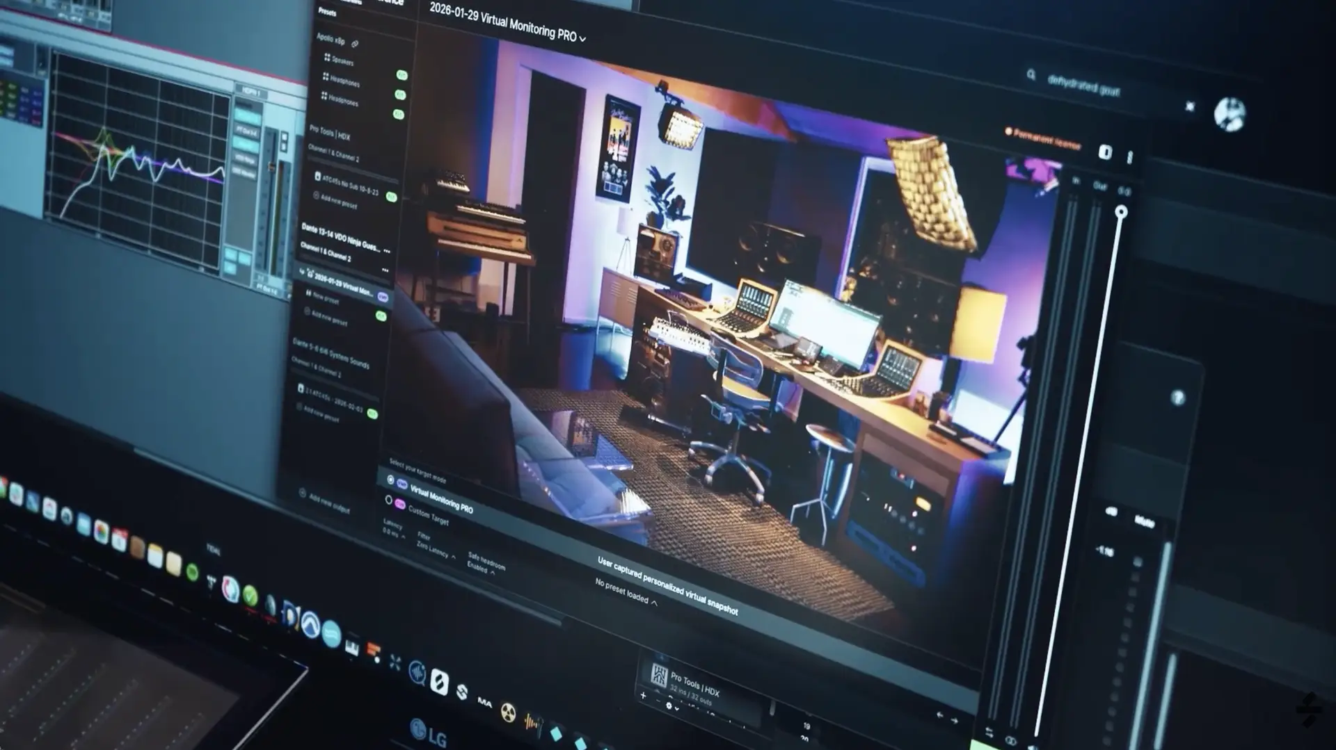 Virtual Monitoring PRO plugin displaying EQ curve and simulated studio room with desk, speakers, and rack gear.