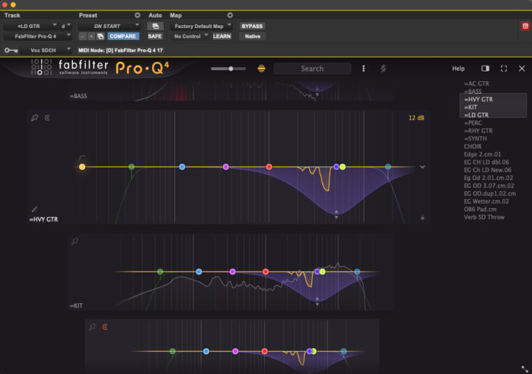 Fabfilter Pro-Q 4 - Spectral Mode with vocal sidechain - multitrack view