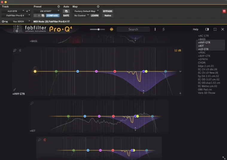 Fabfilter Pro-Q 4 - Spectral Mode with vocal sidechain - multitrack view